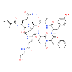 ChemSpider 2D Image | N~1~-[(2S,5S,8S,11R,12S,15S,18S,21R)-2-Benzyl-5-(4-hydroxybenzyl)-15-{3-[(2-hydroxyethyl)amino]-3-oxopropyl}-21-methoxy-4,8,11-trimethyl-3,6,9,13,16,22-hexaoxo-10-oxa-1,4,7,14,17-pentaazabicyclo[16.3.
1]docos-12-yl]-N~2~-[(2E)-2-methyl-2-butenoyl]-L-glutamamide | C49H67N9O14