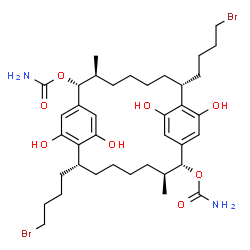 ChemSpider 2D Image | (2R,3S,8R,13R,14S,19R)-8,19-Bis(4-bromobutyl)-10,21,24,26-tetrahydroxy-3,14-dimethyltricyclo[18.2.2.2~9,12~]hexacosa-1(22),9,11,20,23,25-hexaene-2,13-diyl dicarbamate | C38H56Br2N2O8
