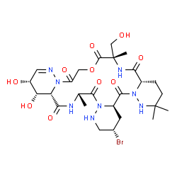 ChemSpider 2D Image | (3S,4aR,10aS,13S,21R,22S,22aS,25S)-3-Bromo-21,22-dihydroxy-13-(hydroxymethyl)-8,8,13,25-tetramethyl-2,3,4,4a,8,9,10,10a,12,13,22,22a,24,25-tetradecahydro-7H,21H-tripyridazino[1,6-d:1',6'-j:1'',6''-m][
1,4,7,10,13,16]oxapentaazacyclooctadecine-5,11,14,17,23,26(1H,16H)-hexone | C26H39BrN8O10