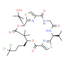 ChemSpider 2D Image | (7S,14S,18S)-14-(4,4-Dichloropentyl)-18-(2-hydroxy-2-propanyl)-7-isopropyl-15,15-dimethyl-13,17-dioxa-9,20-dithia-3,6,22,23-tetraazatricyclo[17.2.1.1~8,11~]tricosa-1(21),8(23),10,19(22)-tetraene-2,5,1
2,16-tetrone | C28H38Cl2N4O7S2