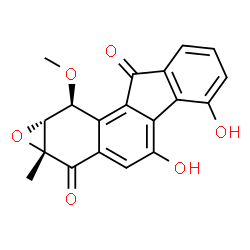 ChemSpider 2D Image | (1aR,10S,10aR)-4,5-Dihydroxy-10-methoxy-1a-methyl-10,10a-dihydro-1aH-indeno[1',2':7,8]naphtho[2,3-b]oxirene-2,9-dione | C19H14O6