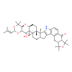 ChemSpider 2D Image | (3S,4aR,4bR,5aS,5bS,7aS,9aR,12aS,16bS,16cR,18aS,19aS)-5b-Hydroxy-1,1,10,10,12,12,16b,16c-octamethyl-3-(2-methyl-1-propen-1-yl)-1,4a,4b,6,7,7a,9,9a,10,12,12a,16,16b,16c,17,18,18a,19a-octadecahydro-5bH-
[2]benzofuro[5,6-e][1,3]dioxino[5'',4'':2',3']oxireno[4',4a']chromeno[5',6':6,7]indeno[1,2-b]indol-13(8H)-one | C42H55NO7