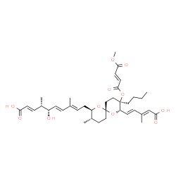 ChemSpider 2D Image | (2E,4S,5S,6E,8E)-10-[(2R,3S,6S,8S,9R)-9-Butyl-8-[(1E,3E)-4-carboxy-3-methyl-1,3-butadien-1-yl]-9-{[(2E)-4-methoxy-4-oxo-2-butenoyl]oxy}-3-methyl-1,7-dioxaspiro[5.5]undec-2-yl]-5-hydroxy-4,8-dimethyl-2
,6,8-decatrienoic acid | C37H52O11