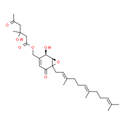 ChemSpider 2D Image | {(1R,2R)-2-Hydroxy-5-oxo-6-[(2E,6E)-3,7,11-trimethyl-2,6,10-dodecatrien-1-yl]-7-oxabicyclo[4.1.0]hept-3-en-3-yl}methyl 3-hydroxy-3-methyl-5-oxohexanoate | C29H42O7