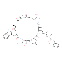 ChemSpider 2D Image | (5R,11R,12S,15S,18S,19S,22R)-8-(1H-Indol-3-ylmethyl)-15-isobutyl-18-[(1E,3E,5S,6S)-6-methoxy-3,5-dimethyl-7-phenyl-1,3-heptadien-1-yl]-1,5,12,19-tetramethyl-2-methylene-3,6,9,13,16,20,25-heptaoxo-1,4,
7,10,14,17,21-heptaazacyclopentacosane-11,22-dicarboxylic acid | C54H72N8O12