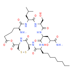 ChemSpider 2D Image | 3-[(1R,4S,7S,10S,13S,16S,23R)-16-Amino-10-(hydroxymethyl)-13-isobutyl-4-octyl-3,6,9,12,15,20,22,28-octaoxo-21-oxa-25,26-dithia-2,5,8,11,14,29-hexaazabicyclo[21.4.2]nonacos-7-yl]-2-hydroxypropanamide | C36H60N8O12S2