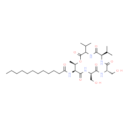 ChemSpider 2D Image | N-[(6R,9S,12R,15S,16R)-9,12-Bis(hydroxymethyl)-3,6-diisopropyl-16-methyl-2,5,8,11,14-pentaoxo-1-oxa-4,7,10,13-tetraazacyclohexadecan-15-yl]dodecanamide | C32H57N5O9