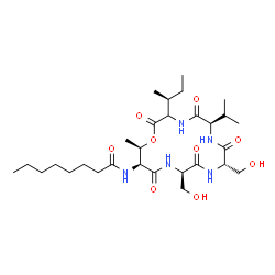 ChemSpider 2D Image | N-[(6R,9S,12R,15S,16R)-3-[(2S)-2-Butanyl]-9,12-bis(hydroxymethyl)-6-isopropyl-16-methyl-2,5,8,11,14-pentaoxo-1-oxa-4,7,10,13-tetraazacyclohexadecan-15-yl]octanamide | C29H51N5O9