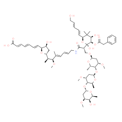 ChemSpider 2D Image | (2E,4E,6E)-7-{(2S,3S,5R)-5-[(2S,3S,4E,6E)-8-{[(2S)-2-[(2R,3R,4R,6S)-2,4-Dihydroxy-6-[(1E,3E)-5-hydroxy-1,3-pentadien-1-yl]-5,5-dimethyl-3-(2-phenylacetoxy)tetrahydro-2H-pyran-2-yl]-3-{[(2R,4S,5R,6S)-5
-{[(2R,4R,5S,6S)-5-{[(2S,4S,5R,6S)-5-hydroxy-4-methoxy-6-methyltetrahydro-2H-pyran-2-yl]oxy}-4-methoxy-6-methyltetrahydro-2H-pyran-2-yl]oxy}-4-methoxy-6-methyltetrahydro-2H-pyran-2-yl]oxy}propanoyl]am
ino}-3-methoxy-4-methyl-4,6-octadien-2-yl]-3-hydroxytetrahydro-2-furanyl}-2,4,6-heptatrienoic acid (non-preferred name) | C65H95NO22