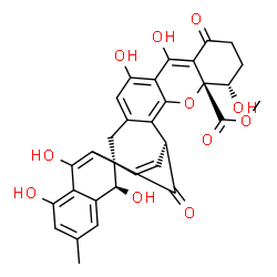 ChemSpider 2D Image | Methyl (1R,12S,13R,17S,27S)-5,7,12,20,22,27-hexahydroxy-24-methyl-9,18-dioxo-14-oxaheptacyclo[15.10.2.0~1,19~.0~3,16~.0~6,15~.0~8,13~.0~21,26~]nonacosa-3,5,7,15,19,21,23,25,28-nonaene-13-carboxylate | C31H26O11