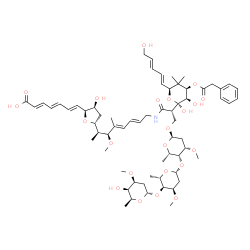 ChemSpider 2D Image | (2E,4E,6E)-7-{(2S,3S,5R)-5-[(2S,3S,4E,6E)-8-{[(2S)-2-[(2R,3R,4R,6S)-2,3-Dihydroxy-6-[(1E,3E)-5-hydroxy-1,3-pentadien-1-yl]-5,5-dimethyl-4-(2-phenylacetoxy)tetrahydro-2H-pyran-2-yl]-3-{[(2R,4S,5R,6S)-5
-{[(2R,4R,5S,6S)-5-{[(2S,4S,5R,6S)-5-hydroxy-4-methoxy-6-methyltetrahydro-2H-pyran-2-yl]oxy}-4-methoxy-6-methyltetrahydro-2H-pyran-2-yl]oxy}-4-methoxy-6-methyltetrahydro-2H-pyran-2-yl]oxy}propanoyl]am
ino}-3-methoxy-4-methyl-4,6-octadien-2-yl]-3-hydroxytetrahydro-2-furanyl}-2,4,6-heptatrienoic acid (non-preferred name) | C65H95NO22