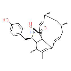 ChemSpider 2D Image | (3R,3aS,6aR,7E,10R,12R,13E,15S,15aR)-15-Hydroxy-3-(4-hydroxybenzyl)-4,5,10,12-tetramethyl-2,3,3a,4,6a,9,10,11,12,15-decahydro-1H-cycloundeca[d]isoindol-1-one | C28H37NO3