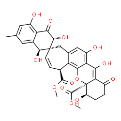 ChemSpider 2D Image | Dimethyl (1S,1'S,3'R,4S,12R,12aS)-1',3',5',7,8,12-hexahydroxy-7'-methyl-4',9-dioxo-1,3',4',5,9,10,11,12-octahydro-1'H,12aH-spiro[cyclohepta[c]xanthene-4,2'-naphthalene]-1,12a-dicarboxylate | C32H30O13