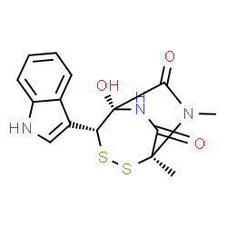 ChemSpider 2D Image | (1S,4R,5S)-5-Hydroxy-4-(1H-indol-3-yl)-1,8-dimethyl-2,3-dithia-6,8-diazabicyclo[3.2.2]nonane-7,9-dione | C15H15N3O3S2