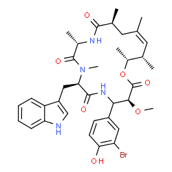 ChemSpider 2D Image | (3S,7R,10S,13S,15Z,17S,18R)-4-(3-Bromo-4-hydroxyphenyl)-7-(1H-indol-3-ylmethyl)-3-methoxy-8,10,13,15,17,18-hexamethyl-1-oxa-5,8,11-triazacyclooctadec-15-ene-2,6,9,12-tetrone | C36H45BrN4O7