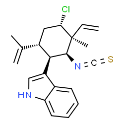 ChemSpider 2D Image | 3-[(1R,2S,3S,4S,6R)-4-Chloro-6-isopropenyl-2-isothiocyanato-3-methyl-3-vinylcyclohexyl]-1H-indole | C21H23ClN2S