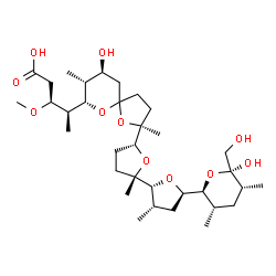 ChemSpider 2D Image | (3S,4S)-4-[(2S,7S,8R,9S)-9-Hydroxy-2-{(2S,2'R,3'S,5R,5'R)-5'-[(2S,3S,5R,6R)-6-hydroxy-6-(hydroxymethyl)-3,5-dimethyltetrahydro-2H-pyran-2-yl]-2,3'-dimethyloctahydro-2,2'-bifuran-5-yl}-2,8-dimethyl-1,6
-dioxaspiro[4.5]dec-7-yl]-3-methoxypentanoic acid | C34H58O11