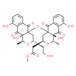 ChemSpider 2D Image | Methyl [(1S,3S,10aR)-4a-{[(1S,3S,10aR)-9,10a-dihydroxy-3-(2-hydroxyethyl)-1-methyl-5,10-dioxo-1,3,4,5,10,10a-hexahydro-4aH-benzo[g]isochromen-4a-yl]sulfanyl}-9,10a-dihydroxy-1-methyl-5,10-dioxo-3,4,4a
,5,10,10a-hexahydro-1H-benzo[g]isochromen-3-yl]acetate | C33H34O13S