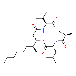 ChemSpider 2D Image | (3R,6S,9S,13S)-3-Isobutyl-9-isopropyl-6-methyl-13-[(2S)-2-octanyl]-1-oxa-4,7,10-triazacyclotridecane-2,5,8,11-tetrone | C25H45N3O5
