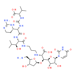 ChemSpider 2D Image | (2S,6S,9S,16S)-16-{(S)-{[(2S,4S,5R)-5-(Aminomethyl)-4-hydroxytetrahydro-2-furanyl]oxy}[(2S,3S,4R,5R)-5-(2,4-dioxo-3,4-dihydro-1(2H)-pyrimidinyl)-3,4-dihydroxytetrahydro-2-furanyl]methyl}-6-[(4S)-2-ami
no-3,4,5,6-tetrahydro-4-pyrimidinyl]-9-[(1S)-1-hydroxy-2-methylpropyl]-2-isopropyl-4,7,10-trioxo-3,5,8,11,15-pentaazaheptadecane-1,17-dioic acid (non-preferred name) | C37H61N11O16