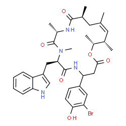 ChemSpider 2D Image | (7R,10S,13S,15Z,17S,18R)-4-(3-Bromo-4-hydroxyphenyl)-7-(1H-indol-3-ylmethyl)-8,10,13,15,17,18-hexamethyl-1-oxa-5,8,11-triazacyclooctadec-15-ene-2,6,9,12-tetrone | C35H43BrN4O6