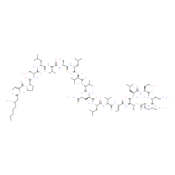 ChemSpider 2D Image | 1-{(2Z)-2-[(3-Hydroxyoctanoyl)amino]-2-butenoyl}-L-prolyl-D-seryl-D-leucyl-D-valyl-D-seryl-D-leucyl-D-valyl-D-valyl-D-glutaminyl-L-leucyl-N-[(2Z)-1-{[(3S,6R,9S,12S,15R,16R)-3-(4-aminobutyl)-6-(2-amino
ethyl)-9-(2-hydroxyethyl)-12-isobutyl-16-methyl-2,5,8,11,14-pentaoxo-1-oxa-4,7,10,13-tetraazacyclohexadecan-15-yl]amino}-1-oxo-2-buten-2-yl]-D-valinamide | C94H163N21O25