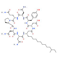 ChemSpider 2D Image | [(3R,6S,9S,13S,16R,19R,22S,27aR)-3,6,19-Tris(2-amino-2-oxoethyl)-22-(3-amino-3-oxopropyl)-16-(4-hydroxybenzyl)-9-(11-methyltridecyl)-1,4,7,11,14,17,20,23-octaoxohexacosahydro-1H-pyrrolo[2,1-i][1,4,7,1
0,13,16,19,22]octaazacyclopentacosin-13-yl]acetic acid | C52H80N12O15
