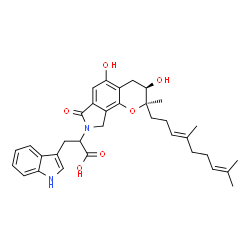 ChemSpider 2D Image | 2-[(2R,3R)-2-[(3E)-4,8-Dimethyl-3,7-nonadien-1-yl]-3,5-dihydroxy-2-methyl-7-oxo-3,4,7,9-tetrahydropyrano[2,3-e]isoindol-8(2H)-yl]-3-(1H-indol-3-yl)propanoic acid | C34H40N2O6