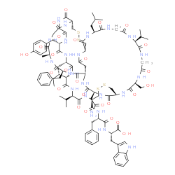 ChemSpider 2D Image | N-{[(1S,4S,7S,13R,19S,22S,25S,28R,31R,36R,39S,45S,51S,54R,60S)-60-(2-Amino-2-oxoethyl)-4-benzyl-25-[(2S)-2-butanyl]-19-(4-hydroxybenzyl)-39-(hydroxymethyl)-51-isobutyl-28,45-diisopropyl-7,22-dimethyl-
2,5,8,11,14,17,20,23,26,29,38,41,44,47,50,53,56,59,62-nonadecaoxo-33,34,64,65-tetrathia-3,6,9,12,15,18,21,24,27,30,37,40,43,46,49,52,55,58,61-nonadecaazatricyclo[34.21.5.4~13,54~]hexahexacont-31-yl]ca
rbonyl}-L-phenylalanyl-L-tryptophan | C97H131N23O26S4