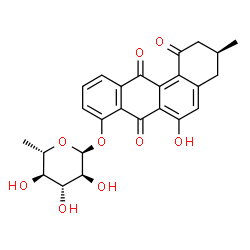 ChemSpider 2D Image | (3S)-6-Hydroxy-3-methyl-1,7,12-trioxo-1,2,3,4,7,12-hexahydro-8-tetraphenyl 6-deoxy-alpha-L-glucopyranoside | C25H24O9