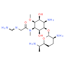 ChemSpider 2D Image | (E)-N-[(1R,2S,3R,4R,5S,6R)-4-Amino-3-({(2R,3S,6S)-3-amino-6-[(1R)-1-aminoethyl]tetrahydro-2H-pyran-2-yl}oxy)-2,5-dihydroxy-6-methoxycyclohexyl]-N~2~-(aminomethylene)-N-methylglycinamide | C18H36N6O6