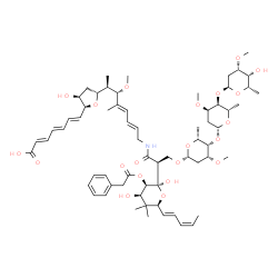 ChemSpider 2D Image | (2E,4E,6E)-7-{(2S,3S,5R)-5-[(2R,3S,4E,6E)-8-{[(2S)-2-[(2R,3R,4R,6S)-2,4-Dihydroxy-5,5-dimethyl-6-[(1E,3Z)-1,3-pentadien-1-yl]-3-(2-phenylacetoxy)tetrahydro-2H-pyran-2-yl]-3-{[(2R,4R,5S,6R)-5-{[(2R,4R,
5S,6S)-5-{[(2S,4S,5R,6S)-5-hydroxy-4-methoxy-6-methyltetrahydro-2H-pyran-2-yl]oxy}-4-methoxy-6-methyltetrahydro-2H-pyran-2-yl]oxy}-4-methoxy-6-methyltetrahydro-2H-pyran-2-yl]oxy}propanoyl]amino}-3-met
hoxy-4-methyl-4,6-octadien-2-yl]-3-hydroxytetrahydro-2-furanyl}-2,4,6-heptatrienoic acid (non-preferred name) | C65H95NO21