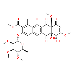 ChemSpider 2D Image | Methyl (6aR,7S,10aR)-3-[(6-deoxy-2,3,4-tri-O-methyl-alpha-L-glucopyranosyl)oxy]-6a,7,12-trihydroxy-8,10a-dimethoxy-1-methyl-6,10,11-trioxo-6,6a,7,10,10a,11-hexahydro-2-tetracenecarboxylate | C32H36O15