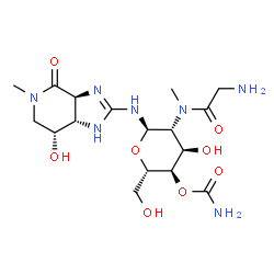 ChemSpider 2D Image | 4-O-Carbamoyl-2-deoxy-2-[glycyl(methyl)amino]-N-[(3aS,7R,7aS)-7-hydroxy-5-methyl-4-oxo-3a,4,5,6,7,7a-hexahydro-1H-imidazo[4,5-c]pyridin-2-yl]-alpha-L-altropyranosylamine | C17H29N7O8