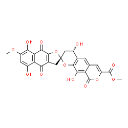 ChemSpider 2D Image | Methyl (2R,4'S)-4',5,8,10'-tetrahydroxy-7-methoxy-4,9,9'-trioxo-4,4',9,9'-tetrahydro-3H,3'H-spiro[naphtho[2,3-b]furan-2,2'-pyrano[4,3-g]chromene]-7'-carboxylate | C26H18O13
