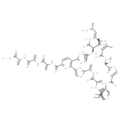 ChemSpider 2D Image | (14R,17Z,24R,31Z)-N-[3-({3-[(3-Amino-3-oxo-1-propen-2-yl)amino]-3-oxo-1-propen-2-yl}amino)-3-oxo-1-propen-2-yl]-31-ethylidene-14-[(1R)-1-hydroxyethyl]-17-[(2R)-2-hydroxypropylidene]-24-methoxy-20,34-d
imethyl-38,41-bis(methylene)-12,15,22,29,36,39-hexaoxo-19,33,43-trioxa-9,26-dithia-3,13,16,23,30,37,40,45,46,47,48,49-dodecaazaheptacyclo[40.2.1.1~8,11~.1~18,21~.1~25,28~.1~32,35~.0~2,7~]nonatetracont
a-1(44),2,4,6,8(49),10,18(48),20,25(47),27,32(46),34,42(45)-tridecaene-4-carboxamide | C54H52N16O16S2