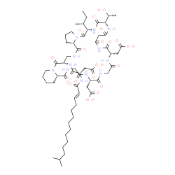 ChemSpider 2D Image | N-{(6S,9S,16S,22S,27aS,34S,37aS)-6-[(2R)-2-Butanyl]-16,22-bis(carboxymethyl)-9-[(1R)-1-hydroxyethyl]-5,8,11,13,15,18,21,24,27,33,37-undecaoxohexatriacontahydro-1H-pyrido[1,2-a]pyrrolo[1,2-z][1,4,7,10,
13,16,20,23,26,29]decaazacyclodotriacontin-34-yl}-N~2~-[(2E)-13-methyl-2-tetradecenoyl]-L-alpha-asparagine | C58H90N12O20