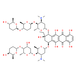 ChemSpider 2D Image | (1R,2R,4S)-2-Ethyl-2,5,7,10,12-pentahydroxy-6,11-dioxo-4-{[2,3,6-trideoxy-4-O-{2,6-dideoxy-4-O-[(2S,5S,6S)-5-hydroxy-6-methyltetrahydro-2H-pyran-2-yl]-beta-D-lyxo-hexopyranosyl}-3-(dimethylamino)-alph
a-D-xylo-hexopyranosyl]oxy}-1,2,3,4,6,11-hexahydro-1-tetracenyl 2,3,6-trideoxy-3-(dimethylamino)-4-O-[(2S,5S,6R)-5-{[(2S,5S,6R)-5-hydroxy-6-methyltetrahydro-2H-pyran-2-yl]oxy}-6-methyltetrahydro-2H-py
ran-2-yl]-beta-D-ribo-hexopyranoside | C60H88N2O22