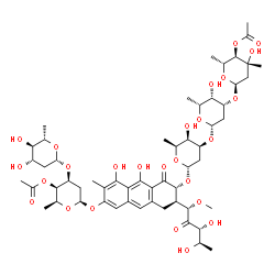 ChemSpider 2D Image | (1S)-1-C-[(2R,3R)-7-{[4-O-Acetyl-2,6-dideoxy-3-O-(2,6-dideoxy-beta-L-arabino-hexopyranosyl)-beta-L-lyxo-hexopyranosyl]oxy}-3-{[4-O-acetyl-2,6-dideoxy-3-C-methyl-alpha-D-arabino-hexopyranosyl-(1->3)-2,
6-dideoxy-beta-D-lyxo-hexopyranosyl-(1->3)-2,6-dideoxy-alpha-L-lyxo-hexopyranosyl]oxy}-5,10-dihydroxy-6-methyl-4-oxo-1,2,3,4-tetrahydro-2-anthracenyl]-5-deoxy-1-O-methyl-D-ribulose | C56H80O26