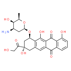 ChemSpider 2D Image | (1R,3S)-3-Glycoloyl-3,10,12-trihydroxy-6,11-dioxo-1,2,3,4,6,11-hexahydro-1-tetracenyl 3-amino-2,3,6-trideoxy-beta-D-lyxo-hexopyranoside | C26H27NO10