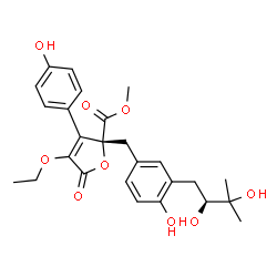 ChemSpider 2D Image | Methyl (2R)-2-{3-[(2S)-2,3-dihydroxy-3-methylbutyl]-4-hydroxybenzyl}-4-ethoxy-3-(4-hydroxyphenyl)-5-oxo-2,5-dihydro-2-furancarboxylate | C26H30O9