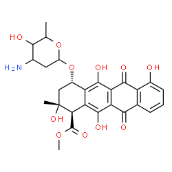 ChemSpider 2D Image | Methyl (1R,2R,4S)-4-[(3-amino-2,3,6-trideoxyhexopyranosyl)oxy]-2,5,7,12-tetrahydroxy-2-methyl-6,11-dioxo-1,2,3,4,6,11-hexahydro-1-tetracenecarboxylate | C27H29NO11