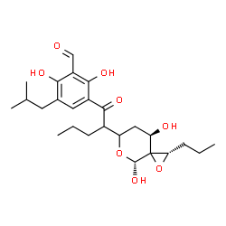 ChemSpider 2D Image | 3-{2-[(2S,4R,8R)-4,8-Dihydroxy-2-propyl-1,5-dioxaspiro[2.5]oct-6-yl]pentanoyl}-2,6-dihydroxy-5-isobutylbenzaldehyde | C25H36O8