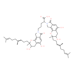 ChemSpider 2D Image | 2,5-Bis{2-[(3E)-4,8-dimethyl-3,7-nonadien-1-yl]-3,5-dihydroxy-2-methyl-7-oxo-3,4,7,9-tetrahydropyrano[2,3-e]isoindol-8(2H)-yl}pentanoic acid | C51H68N2O10