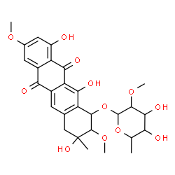 ChemSpider 2D Image | 3,10,12-Trihydroxy-2,8-dimethoxy-3-methyl-6,11-dioxo-1,2,3,4,6,11-hexahydro-1-tetracenyl 6-deoxy-2-O-methylhexopyranoside | C28H32O12