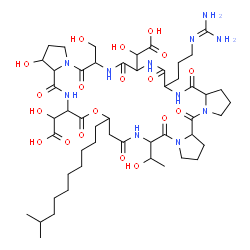 ChemSpider 2D Image | 2,2'-[32-{3-[(Diaminomethylene)amino]propyl}-21-hydroxy-11-(1-hydroxyethyl)-26-(hydroxymethyl)-15-(9-methyldecyl)-5,10,13,17,20,25,28,31,34-nonaoxodotriacontahydro-5H-tripyrrolo[2,1-f:2',1'-r:2'',1''-
u][1,4,7,10,13,16,19,22,25]oxaoctaazacyclooctacosine-18,29-diyl]bis(hydroxyacetic acid) | C50H81N11O19