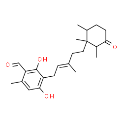 ChemSpider 2D Image | 2,4-Dihydroxy-6-methyl-3-[(2E)-3-methyl-5-(1,2,6-trimethyl-3-oxocyclohexyl)-2-penten-1-yl]benzaldehyde | C23H32O4