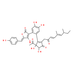 ChemSpider 2D Image | (5Z)-3-(2-{5-Acetyl-2-[(3E,5E)-5,7-dimethyl-2-oxo-3,5-nonadien-1-yl]-4,5-dihydroxy-3-oxo-1-cyclopenten-1-yl}-4,5-dihydroxyphenyl)-4-hydroxy-5-(4-hydroxybenzylidene)-2(5H)-furanone | C35H34O11
