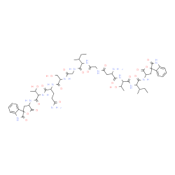 ChemSpider 2D Image | N-[1-({1-[(2',5-Dioxo-1',2',4,5-tetrahydro-3H-spiro[furan-2,3'-indol]-4-yl)amino]-3-methyl-1-oxo-2-pentanyl}amino)-3-hydroxy-1-oxo-2-butanyl]-alpha-asparaginylglycylisoleucylglycylserylglutaminyl-N-(2
',5-dioxo-1',2',4,5-tetrahydro-3H-spiro[furan-2,3'-indol]-4-yl)threoninamide | C58H78N14O20