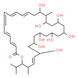 ChemSpider 2D Image | (3E,5E,9E,11E,29E)-14,16,18,20,22,24,26,28-Octahydroxy-32-isopropyl-15,31-dimethyloxacyclodotriaconta-3,5,7,9,11,29-hexaen-2-one | C36H58O10